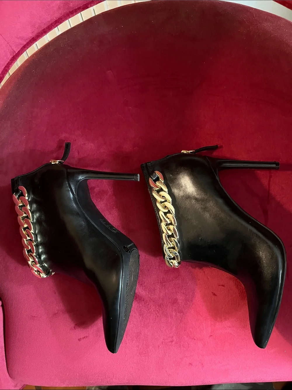 INC International Concepts Black Pointed Ankle Boots with Gold Chain Accent